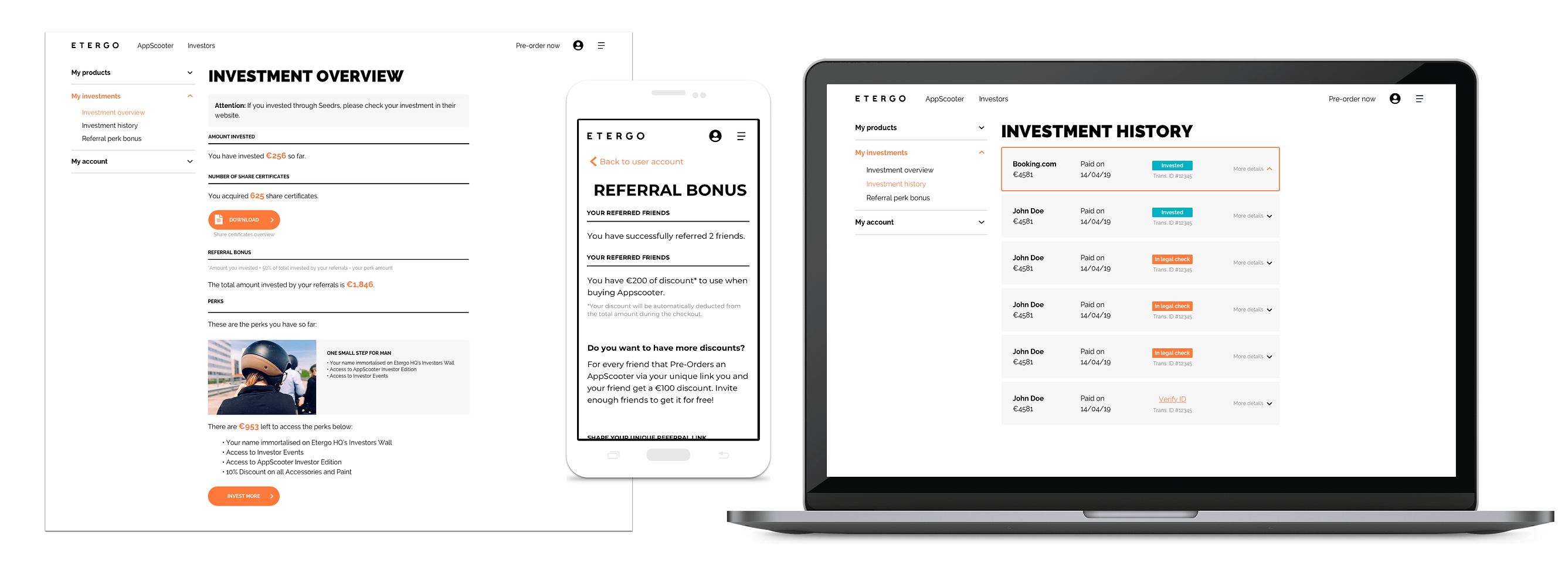 User account, additional screens