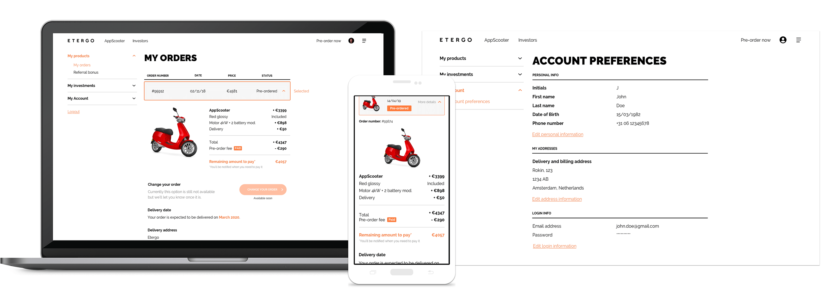 User account screens: order status and timeline